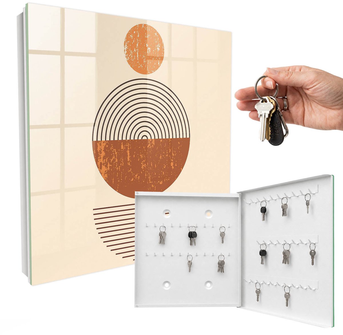 WallMuralia - Sleutelkast - 30x30x5 cm - met 50 haken - Retro Geometrie Sleutelkastje Voor Binnen - Oranje Sleutelbox - Rechtsopenend - Wit interieur