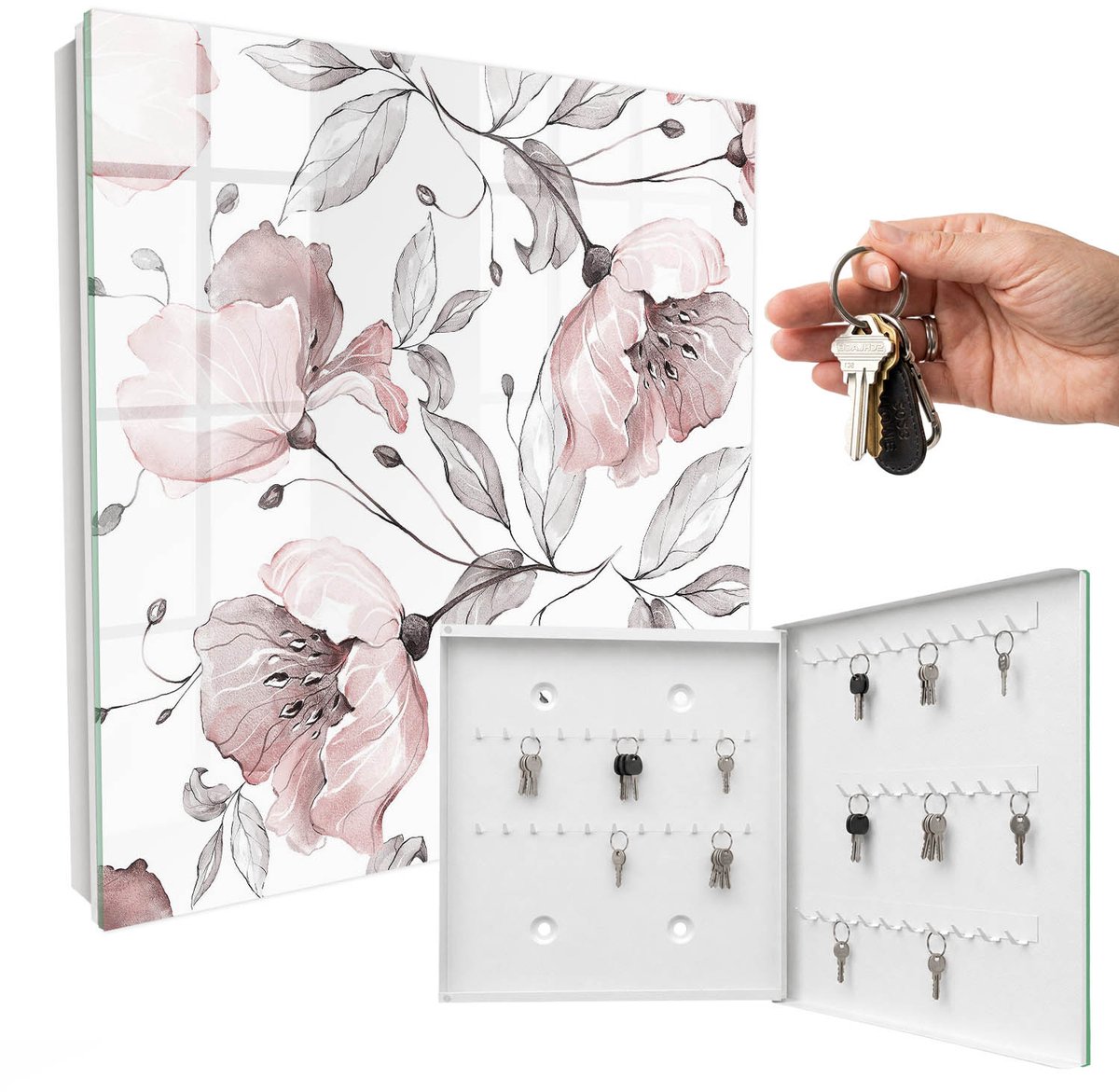 WallMuralia - Sleutelkast - 30x30x5 cm - met 50 haken - Romantisch Patroon Groot Sleutelkastje - Grijs Sleutelbox - Rechtsopenend - Wit interieur
