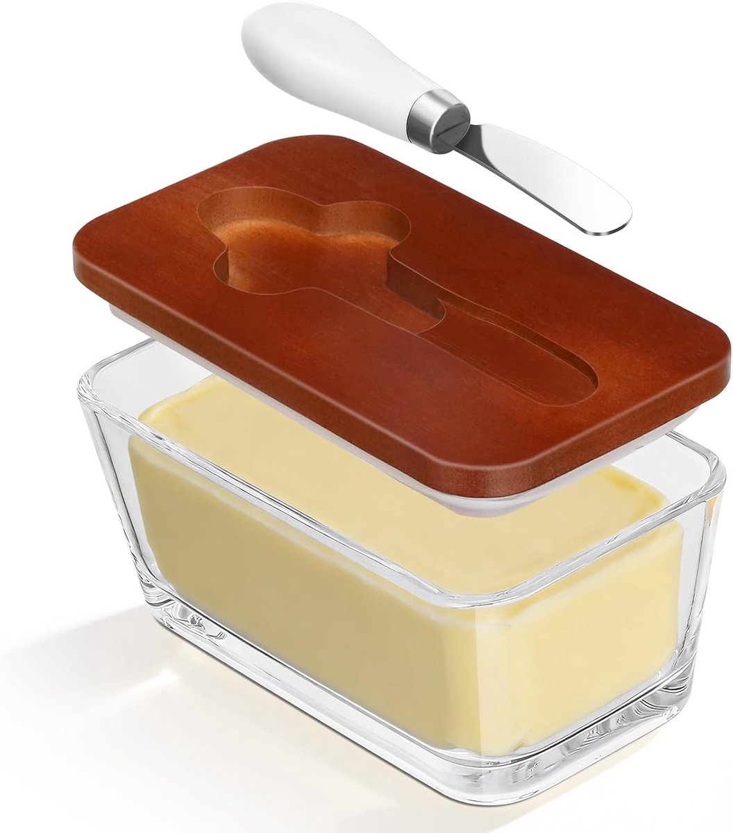 Glazen botervloot met bruin deksel, transparante boterdoos met botersnijder en bamboedeksel, multifunctionele boterschotel voor boter, kaas en fruit