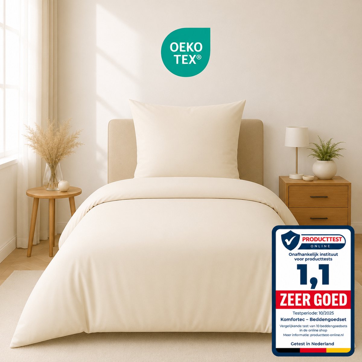 Komfortec Premium Dekbedovertrek 135x200 cm + Kussensloop 80x80 cm - 100% Microvezel - 90 g/m² - 2-Delige Superzachte Beddengoedset - met Rits - Beige