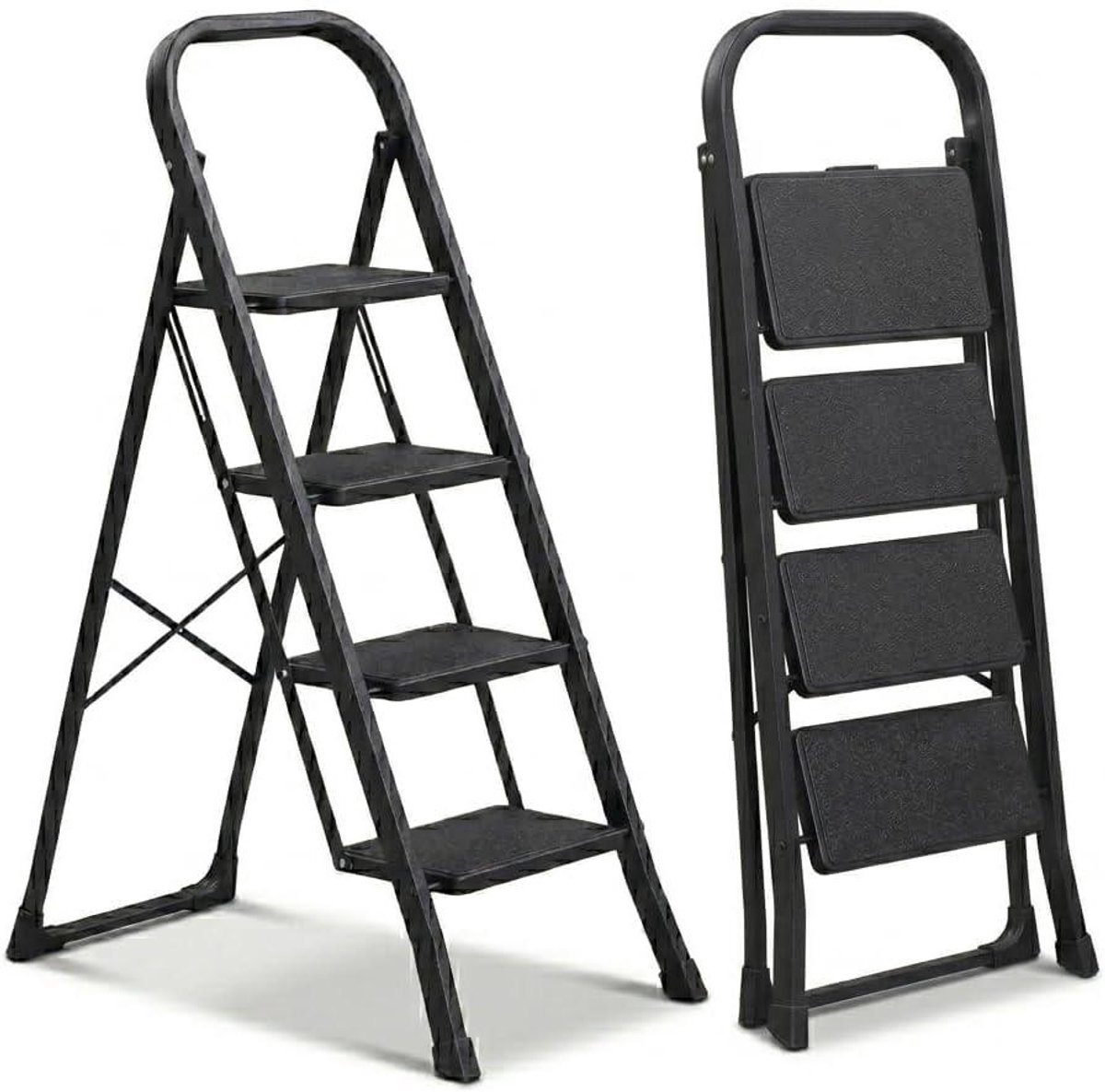 Opvouwbare Trapladder - Keukenladder Vouwladder - Veilig Hoge Planken Bereiken - Antislip Voetjes en Treden - 4 Treden - Zwart