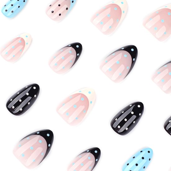 Dot Pers Op Nagels Amandelvorm Franse Kunstnagels Met Witte En Zwarte Stippen, Middelgrote Nepnagels Met Volledige Bedekking Om Op Te Plakken Voor Dames — afbeelding 2