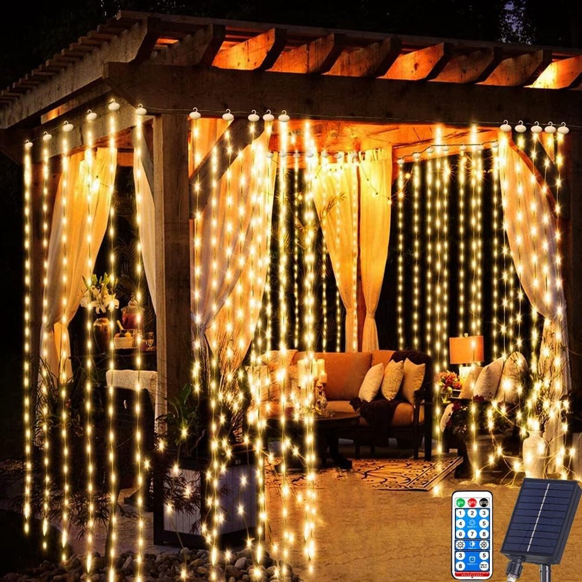Lichtgordijn op zonne-energie, voor buiten, 3 m x 3 m, 300 leds