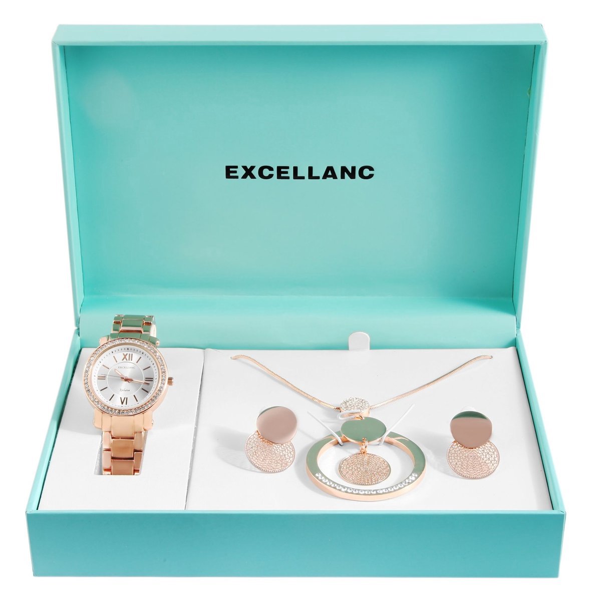 Excellanc dameshorloge geschenkset rosé/goudkleurig cadeauset horloge, ketting, oorbellen kerstcadeau