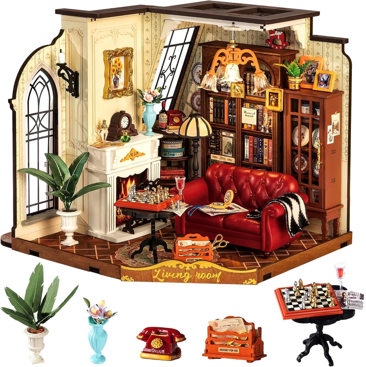 DIY miniatuurhuis Catherine's woonkamer houten poppenhuis modelkit voor volwassenen om miniatuur poppenhuizen te bouwen huisdecoratie verjaardagscadeau voor meisjes