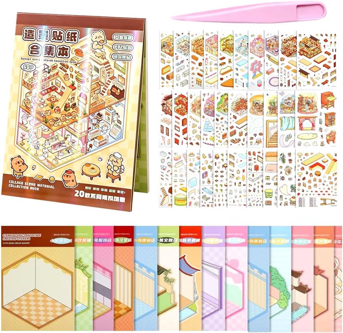 3D-Scène Stickers, 20 Vellen Miniatuur 3D-Scène Stickers, Schattige