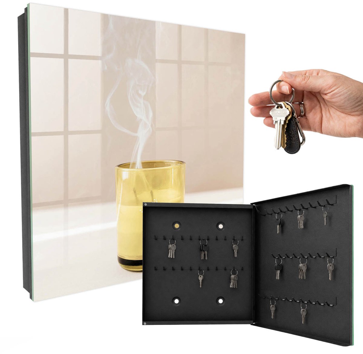 WallMuralia - Sleutelkast - 30x30x5 cm - met 50 haken - Glazen Stuk Sleutelkastje Muur - Geel Sleutelbox - Rechtsopenend - Zwart interieur