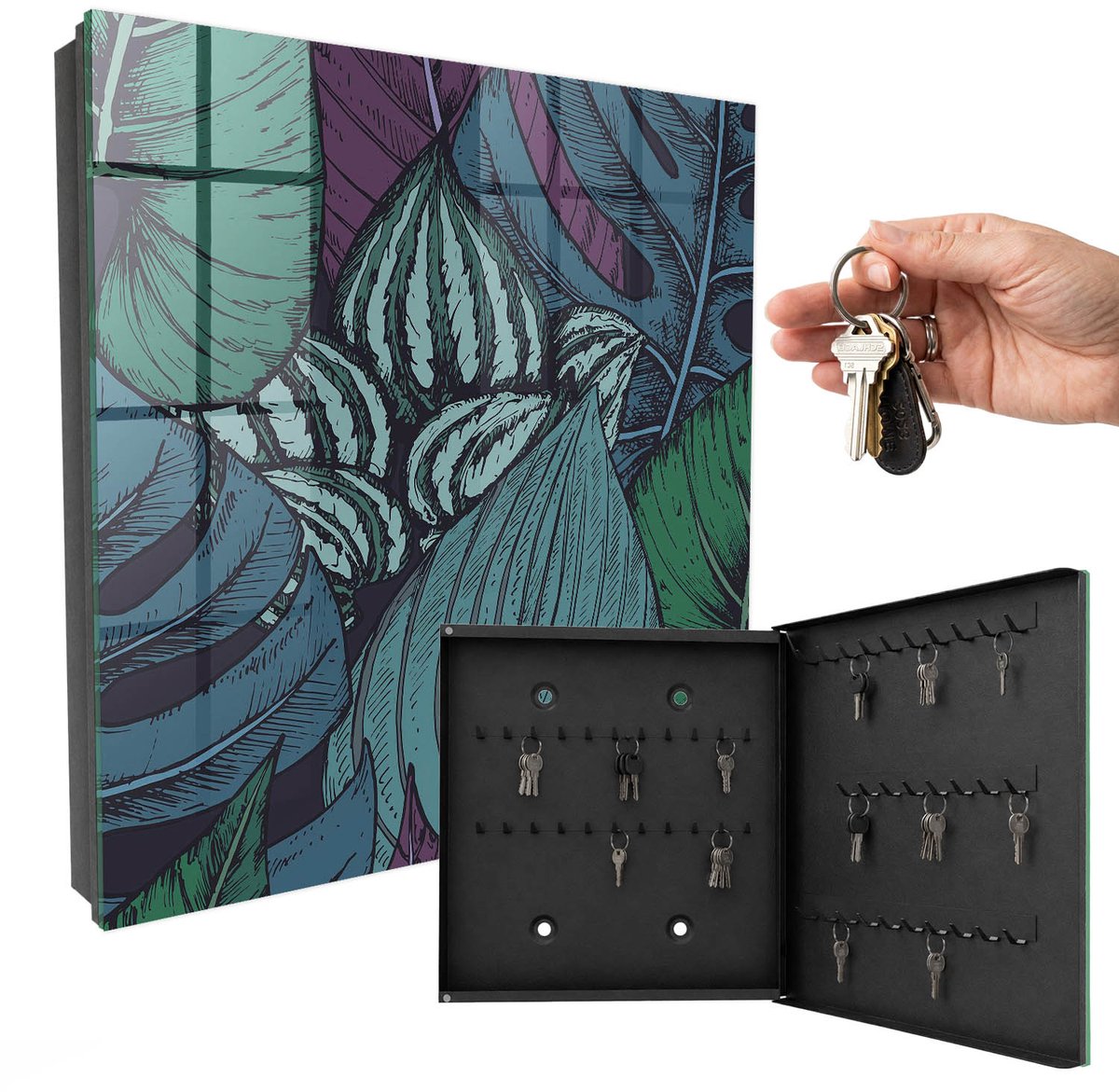 WallMuralia - Sleutelkast - 30x30x5 cm - met 50 haken - Mysterieuze Bladeren Sleutelkastje Binnen - Groente Sleutelbox - Rechtsopenend - Zwart interieur
