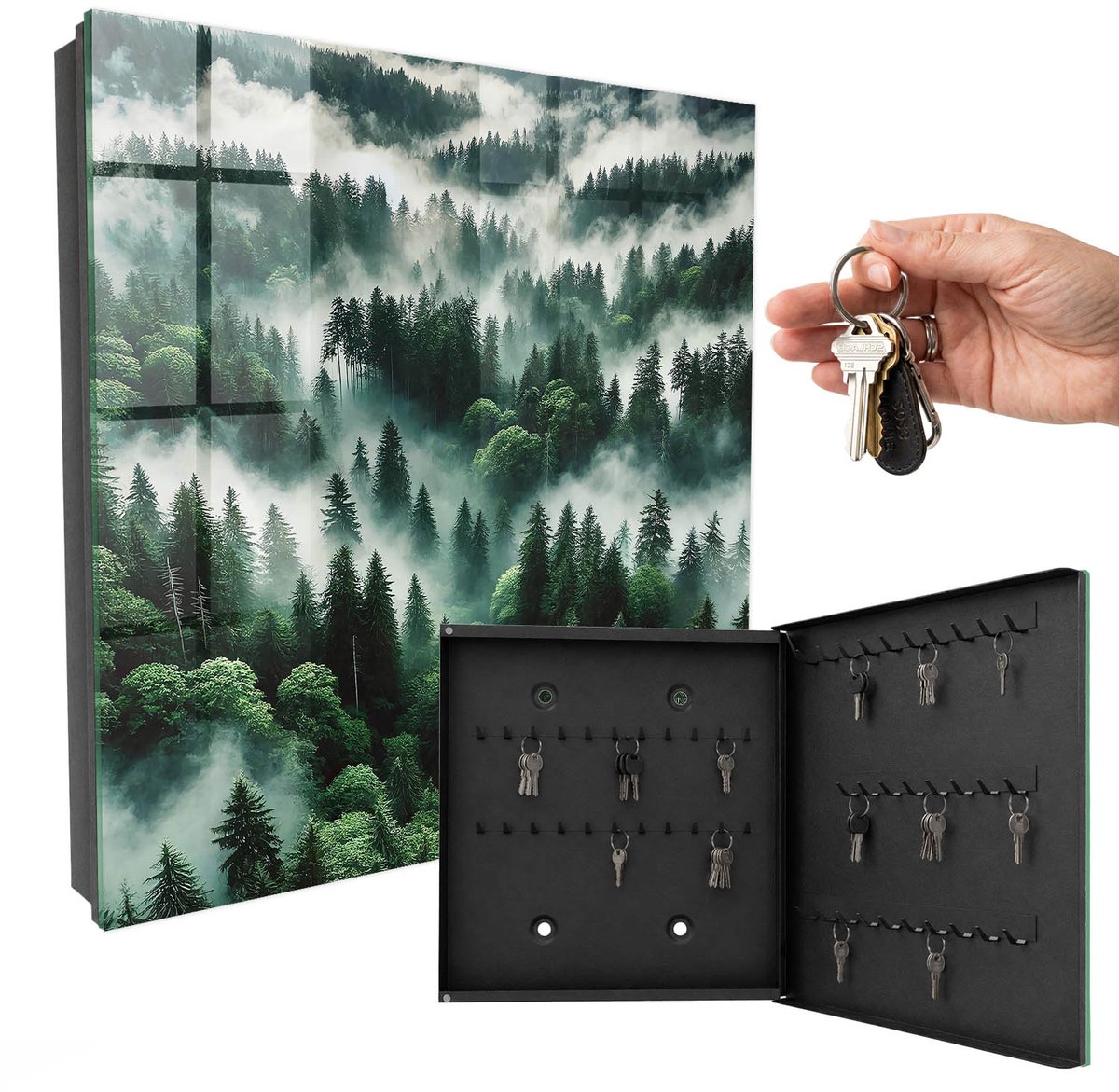 WallMuralia - Sleutelkast - 30x30x5 cm - met 50 haken - Nevelbos Groot Sleutelkastje - Groente Sleutelbox - Rechtsopenend - Zwart interieur