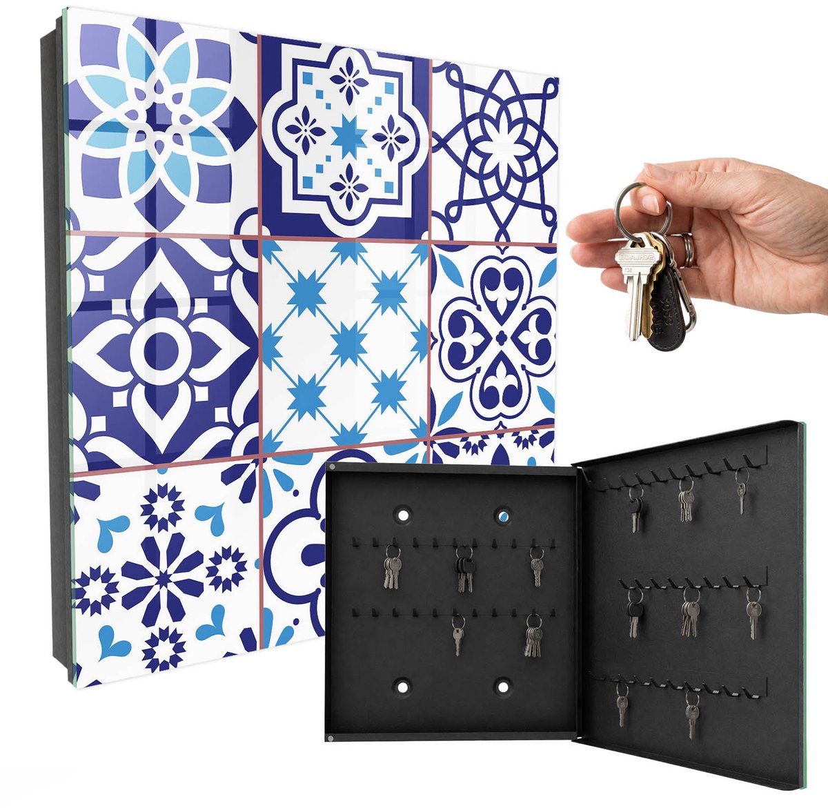WallMuralia - Sleutelkast - 30x30x5 cm - met 50 haken - Geometrische Patronen Sleutelkastje Voor Binnen - Blauw Sleutelbox - Rechtsopenend - Zwart interieur