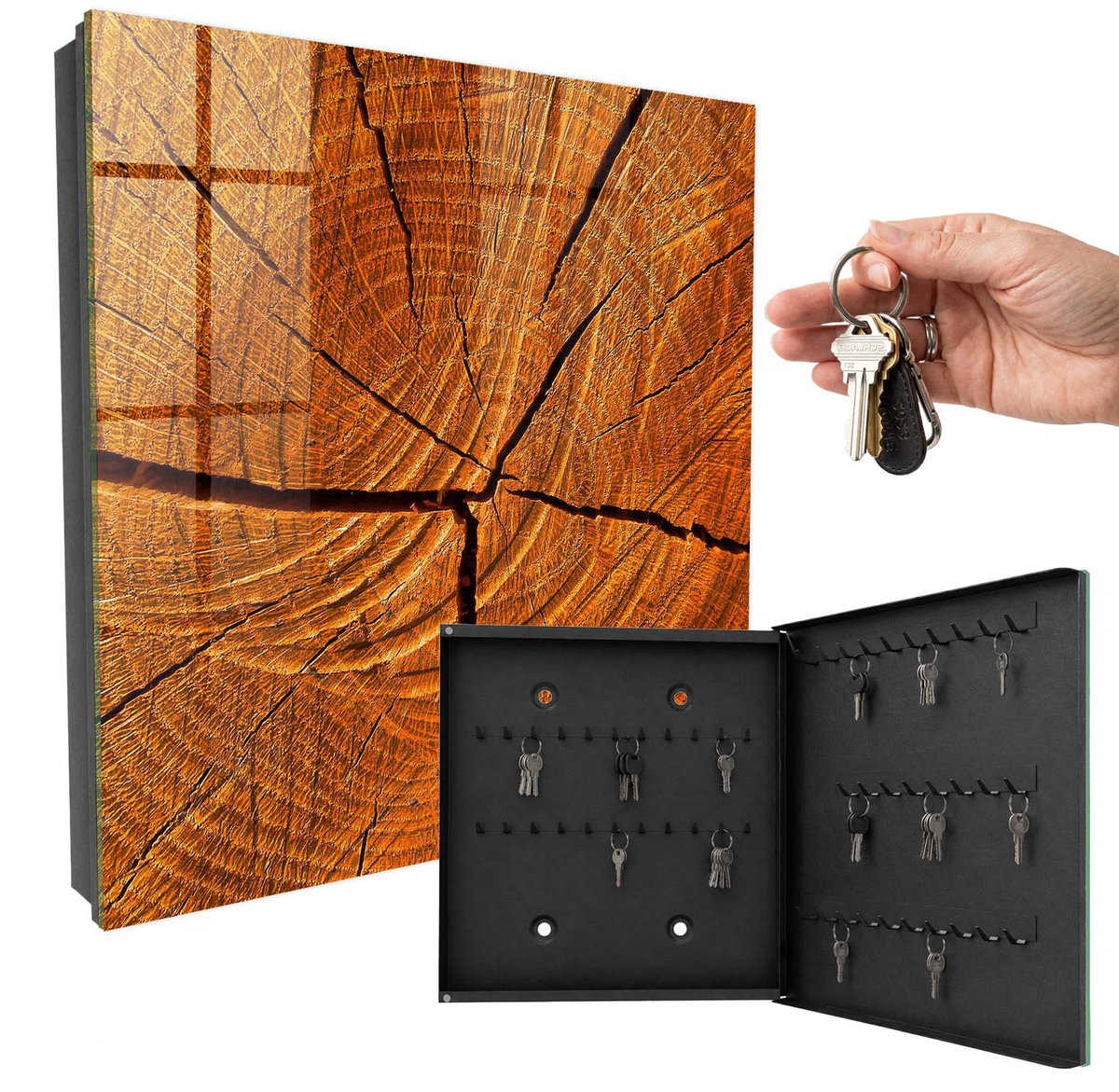 WallMuralia - Sleutelkast - 30x30x5 cm - met 50 haken - Houtnerf Sleutelkastje Huis - Oranje Sleutelbox - Rechtsopenend - Zwart interieur