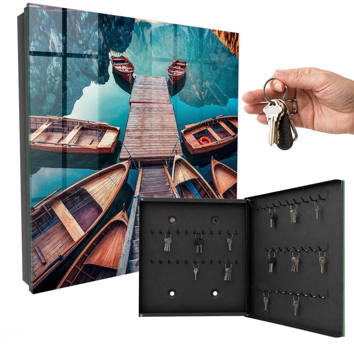 WallMuralia - Sleutelkast - 30x30x5 cm - met 50 haken - Berglandschap Sleutelkastje Gang - Blauw Sleutelbox - Rechtsopenend - Zwart interieur