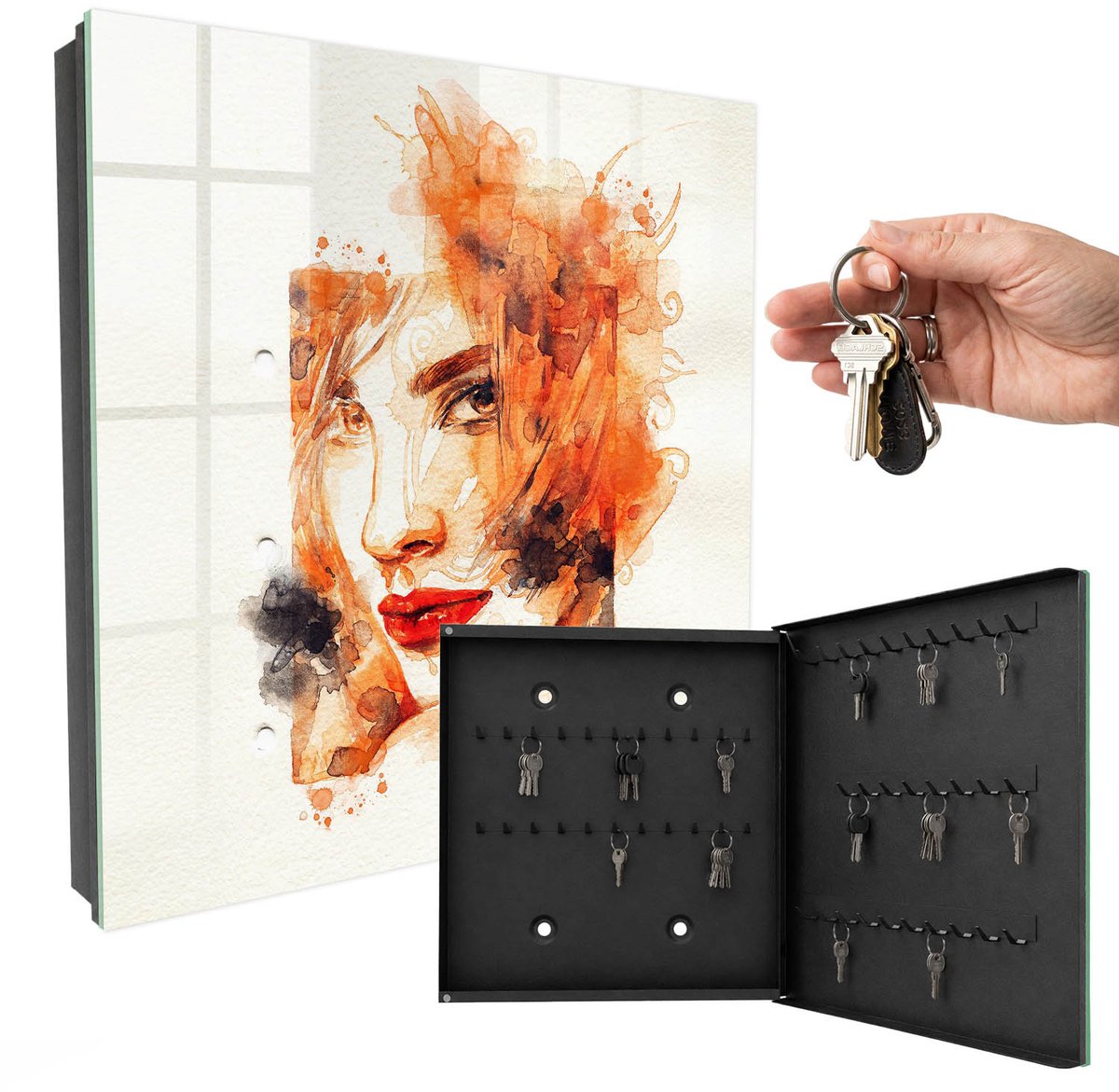 WallMuralia - Sleutelkast - 30x30x5 cm - met 50 haken - Vrouwelijke Aquarel Sleutelkastje Muur - Oranje Sleutelbox - Rechtsopenend - Zwart interieur