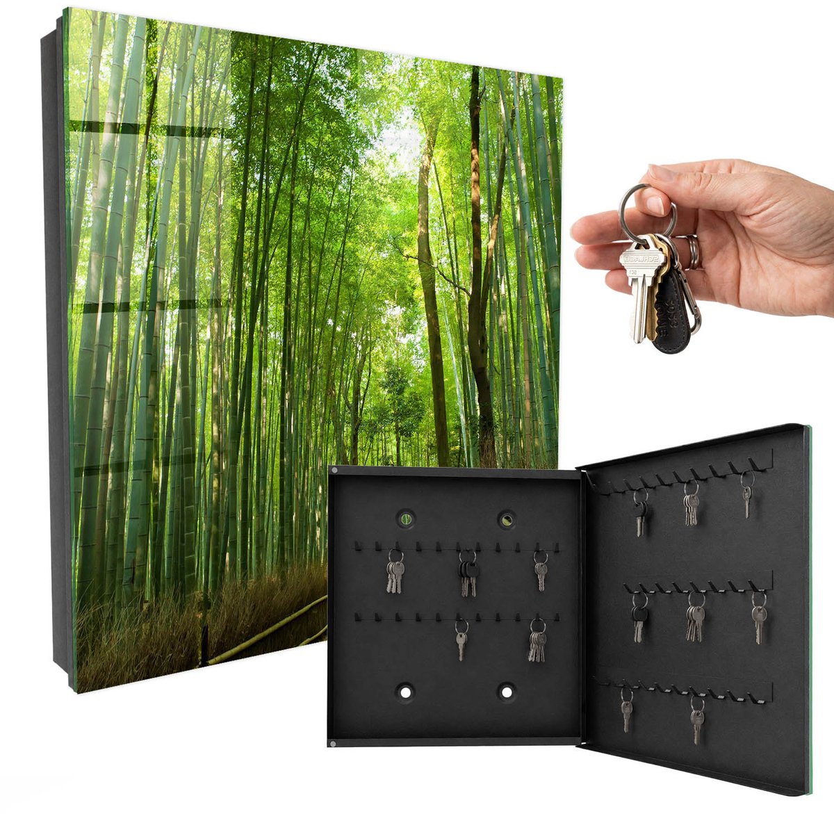 WallMuralia - Sleutelkast - 30x30x5 cm - met 50 haken - Bamboe Pad Sleutelkastje Industrieel - Groente Sleutelbox - Rechtsopenend - Zwart interieur