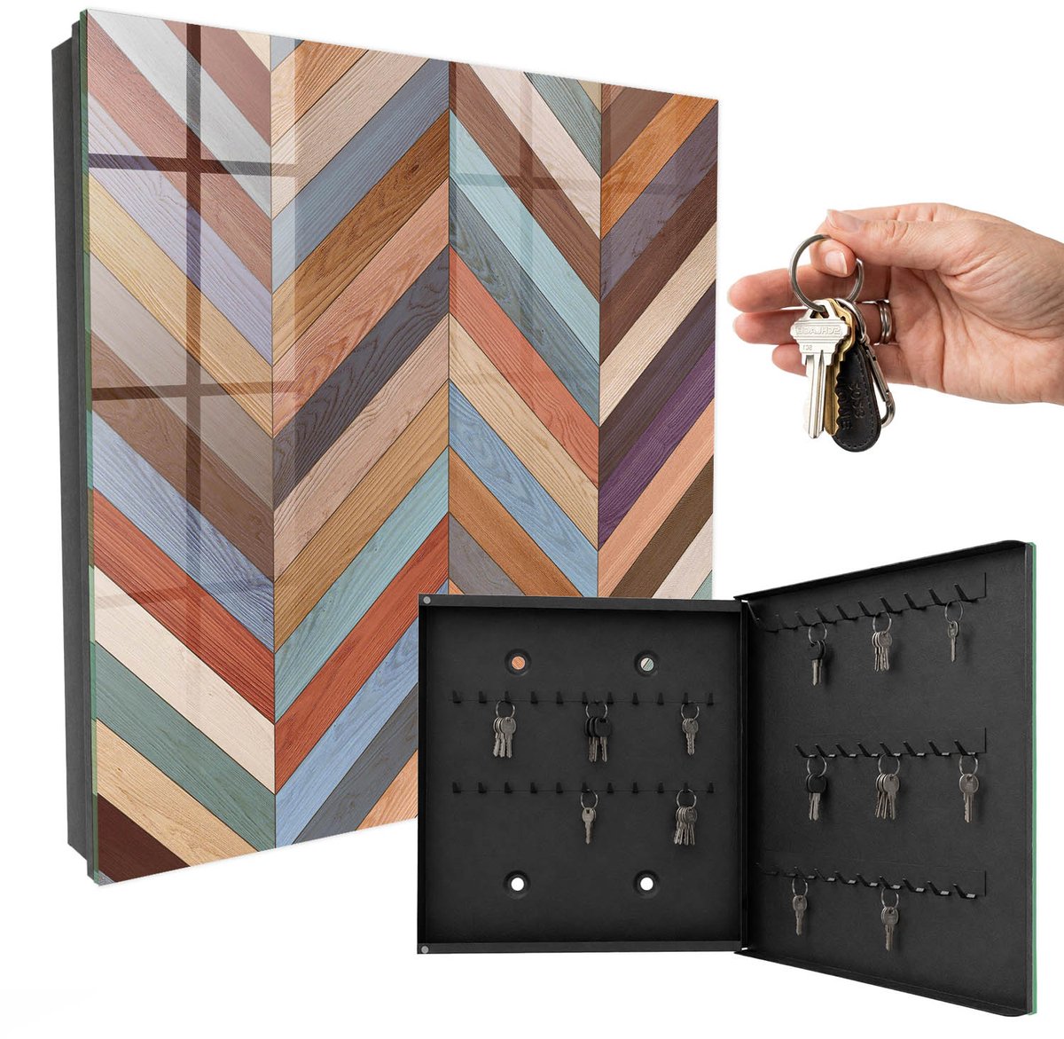 WallMuralia - Sleutelkast - 30x30x5 cm - met 50 haken - Visgraatpatroon Sleutelkastje Klein - Bruin Sleutelbox - Rechtsopenend - Zwart interieur