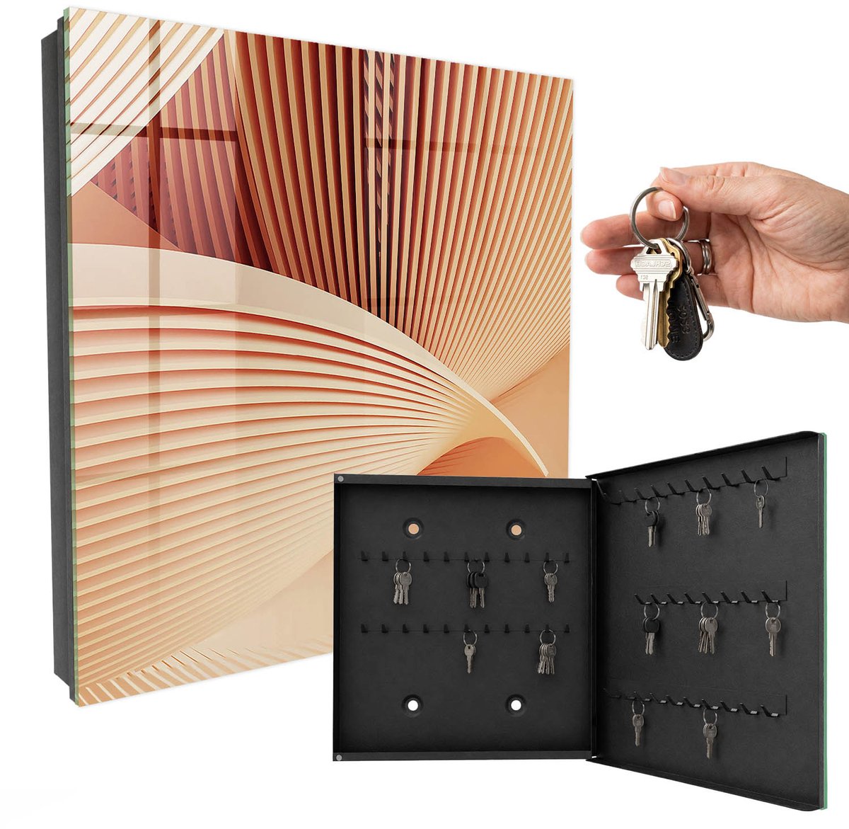 WallMuralia - Sleutelkast - 30x30x5 cm - met 50 haken - Abstracte Golven Sleutelkastje Gang - Beige Sleutelbox - Rechtsopenend - Zwart interieur