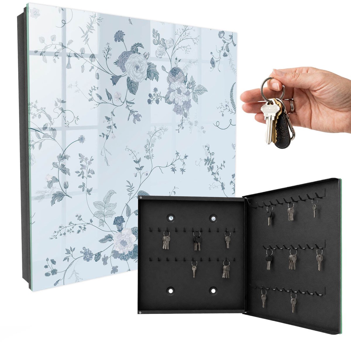 WallMuralia - Sleutelkast - 30x30x5 cm - met 50 haken - Botanische Bloemen Leuk Sleutelkastje - Blauw Sleutelbox - Rechtsopenend - Zwart interieur