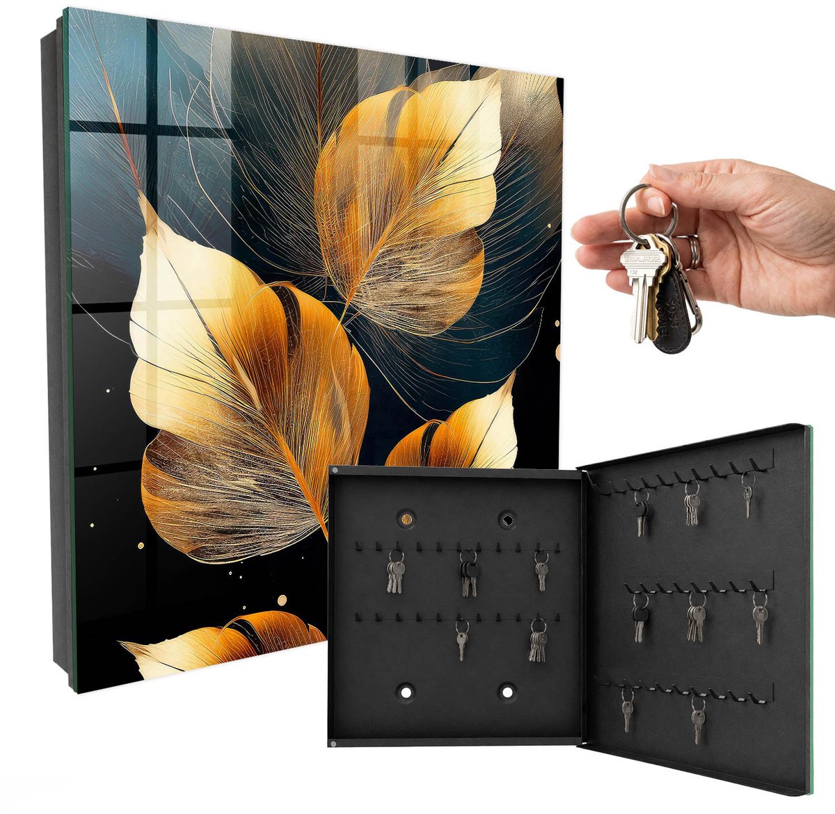 WallMuralia - Sleutelkast - 30x30x5 cm - met 50 haken - Bladeren Van Elegantie Sleutelkastje Industrieel - Geel Sleutelbox - Rechtsopenend - Zwart interieur