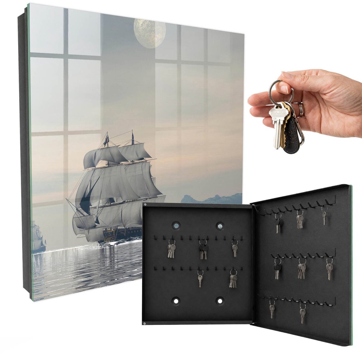 WallMuralia - Sleutelkast - 30x30x5 cm - met 50 haken - Zeecruise Groot Sleutelkastje - Grijs Sleutelbox - Rechtsopenend - Zwart interieur