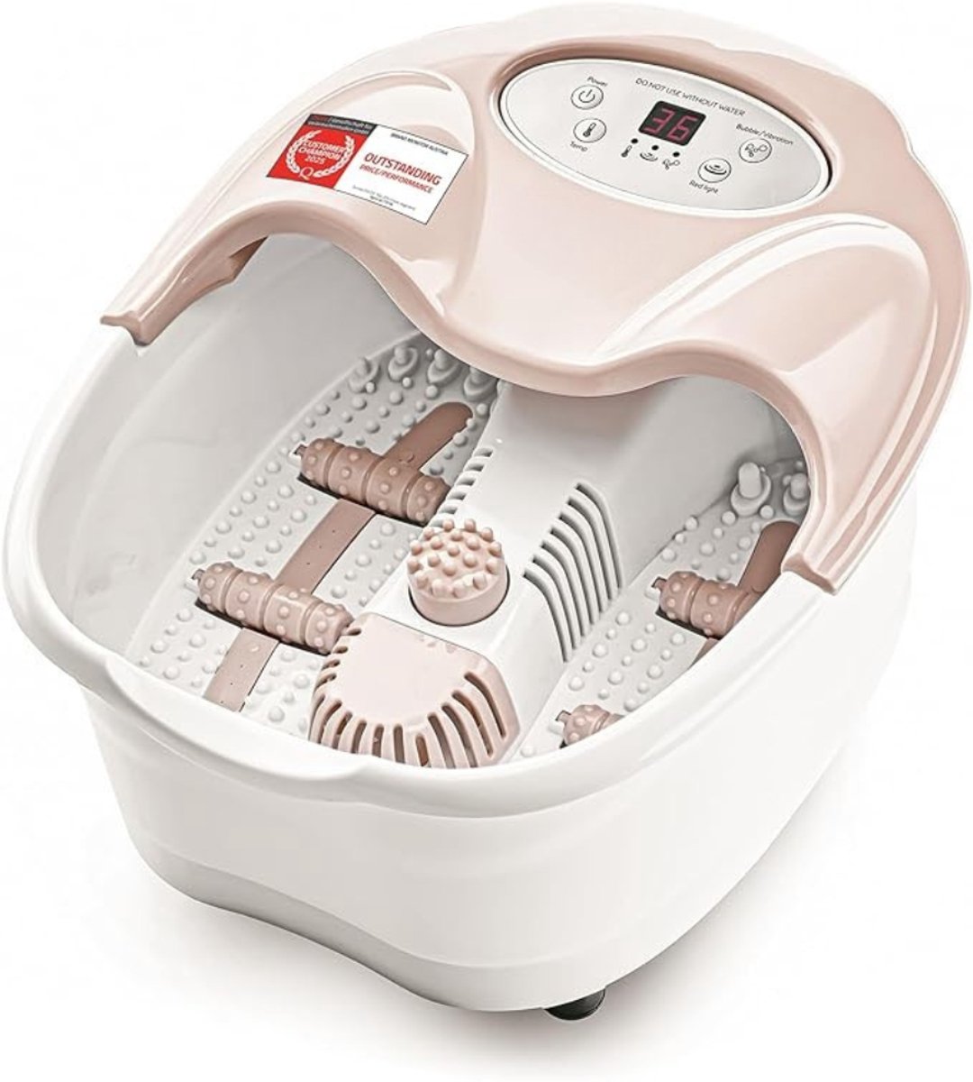 Verte Automatische Voetenbad - Digitaal Voetbad met Massagefunctie - 450 W - LED-Display en Rood Licht - Tot Maat 43 - Elektrisch Voetbad met 3 Opzetstukken - Spatbescherming en Aromabox - Beige