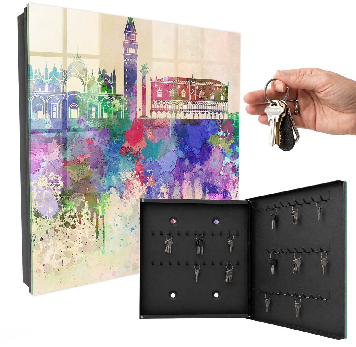 WallMuralia - Sleutelkast - 30x30x5 cm - met 50 haken - Stedelijke Aquarel Leuk Sleutelkastje - Paars Sleutelbox - Rechtsopenend - Zwart interieur