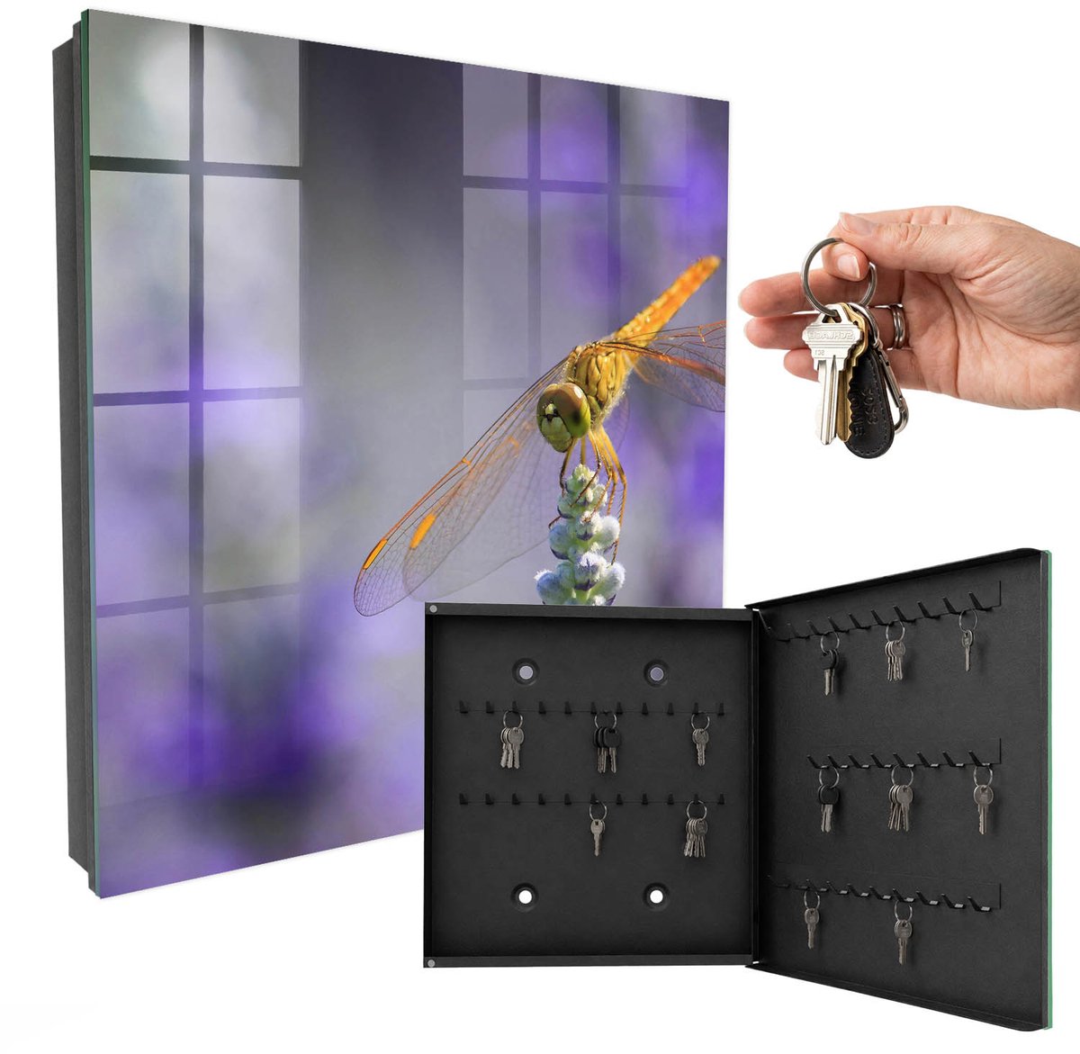 WallMuralia - Sleutelkast - 30x30x5 cm - met 50 haken - Libel Op Een Bloem Design Sleutelkastje - Paars Sleutelbox - Rechtsopenend - Zwart interieur