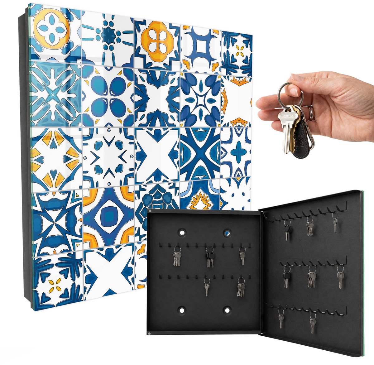 WallMuralia - Sleutelkast - 30x30x5 cm - met 50 haken - Geometrische Patronen Sleutelkastje Gang - Blauw Sleutelbox - Rechtsopenend - Zwart interieur