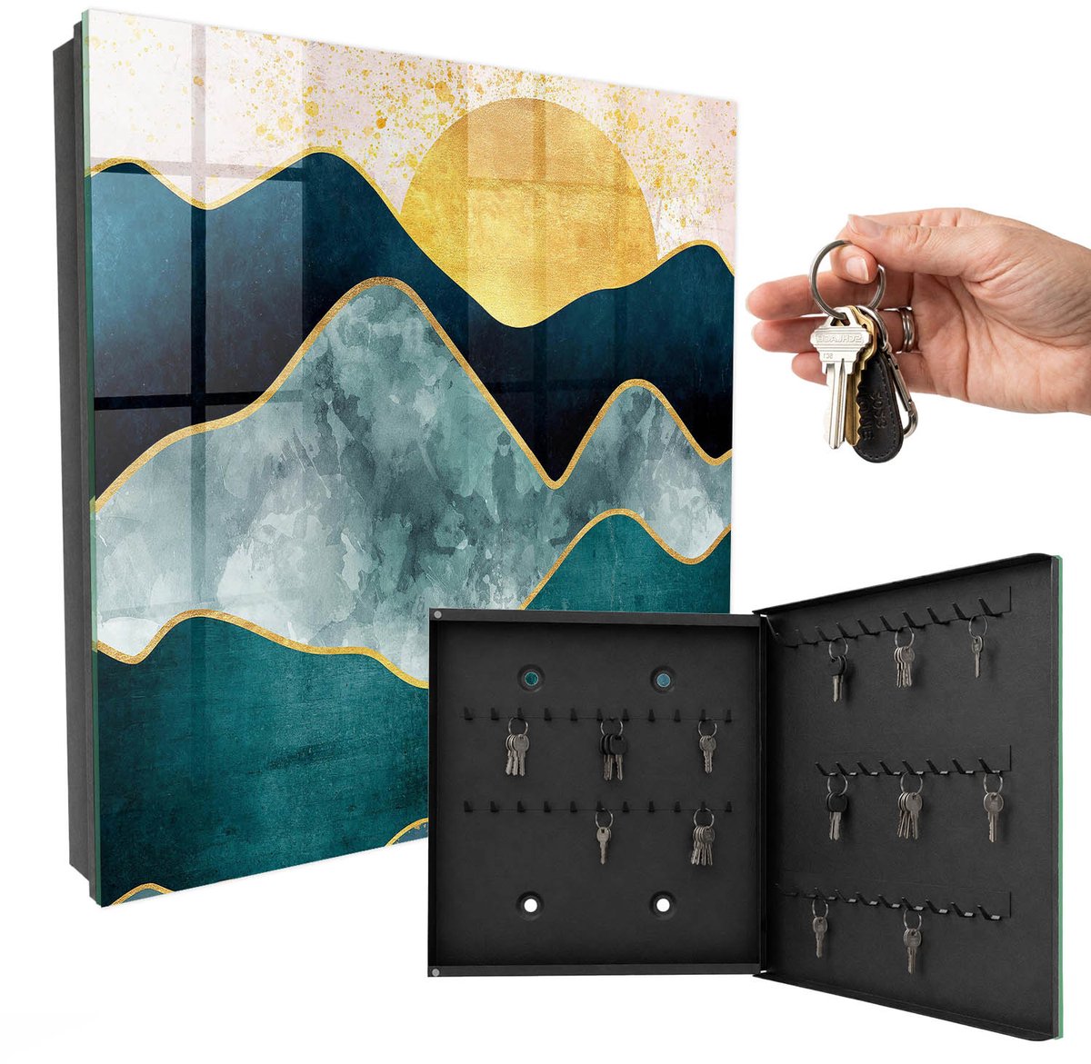 WallMuralia - Sleutelkast - 30x30x5 cm - met 50 haken - Bergabstractie Sleutelkastje Design - Blauw Sleutelbox - Rechtsopenend - Zwart interieur