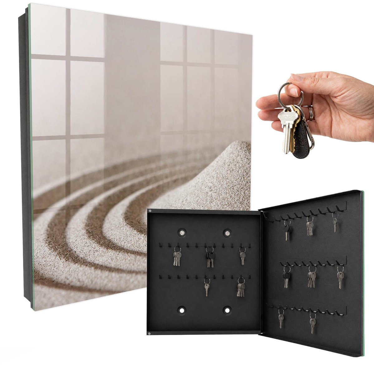 WallMuralia - Sleutelkast - 30x30x5 cm - met 50 haken - Zen-Tuin Sleutelkastje Muur - Beige Sleutelbox - Rechtsopenend - Zwart interieur