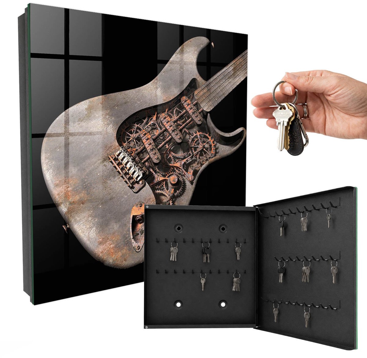 WallMuralia - Sleutelkast - 30x30x5 cm - met 50 haken - Mechanische Gitaar Sleutelkastje Industrieel - Grijs Sleutelbox - Rechtsopenend - Zwart interieur