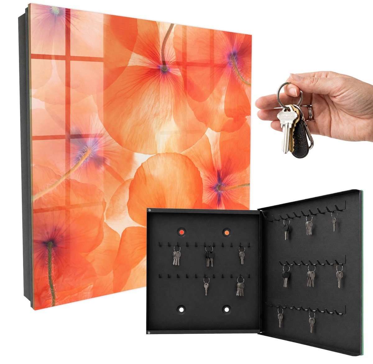 WallMuralia - Sleutelkast - 30x30x5 cm - met 50 haken - Bloemige Extase Groot Sleutelkastje - Oranje Sleutelbox - Rechtsopenend - Zwart interieur