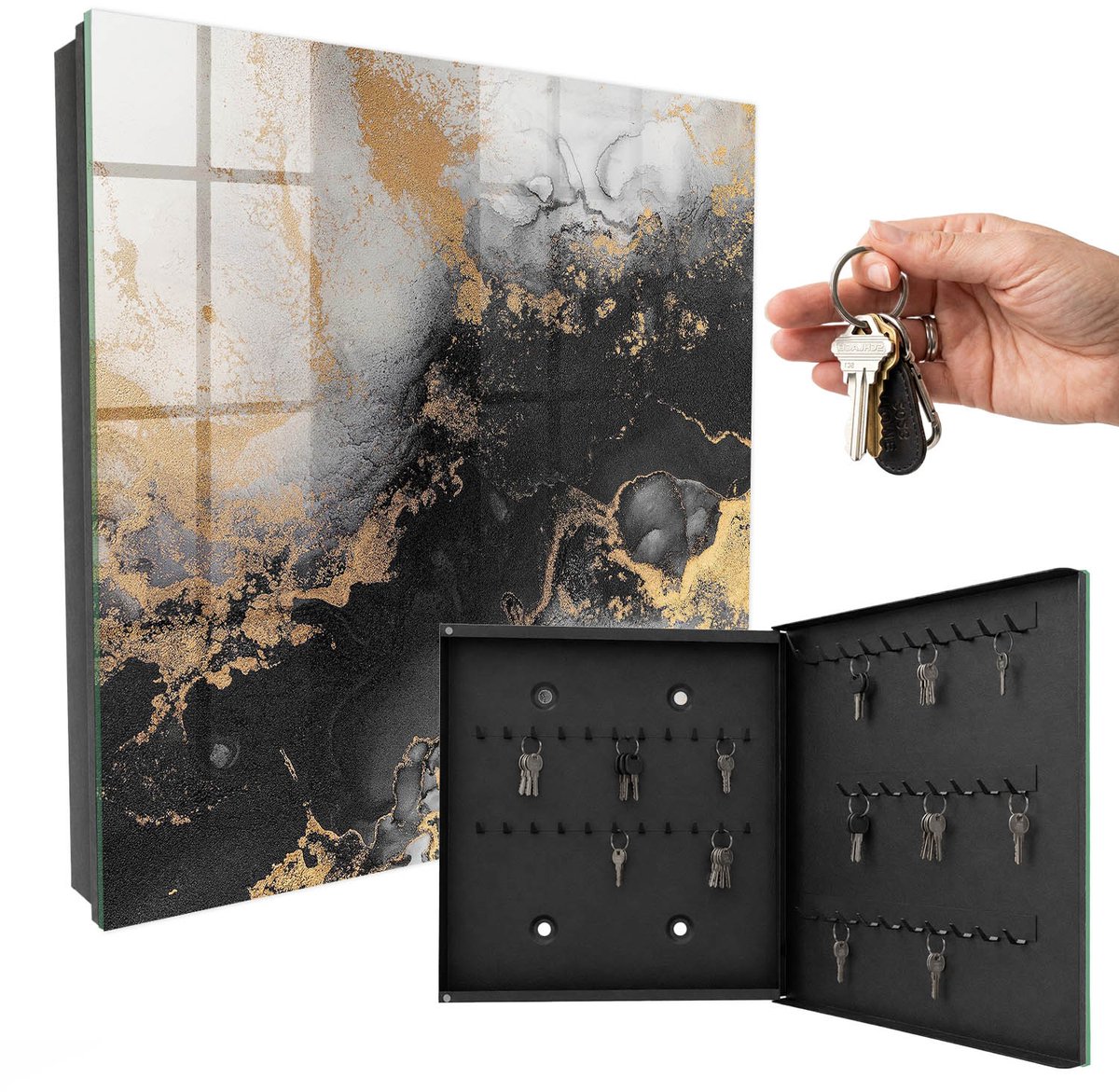 WallMuralia - Sleutelkast - 30x30x5 cm - met 50 haken - Zwarte Elegantie Sleutelkastje Hal - Zwart Sleutelbox - Rechtsopenend - Zwart interieur