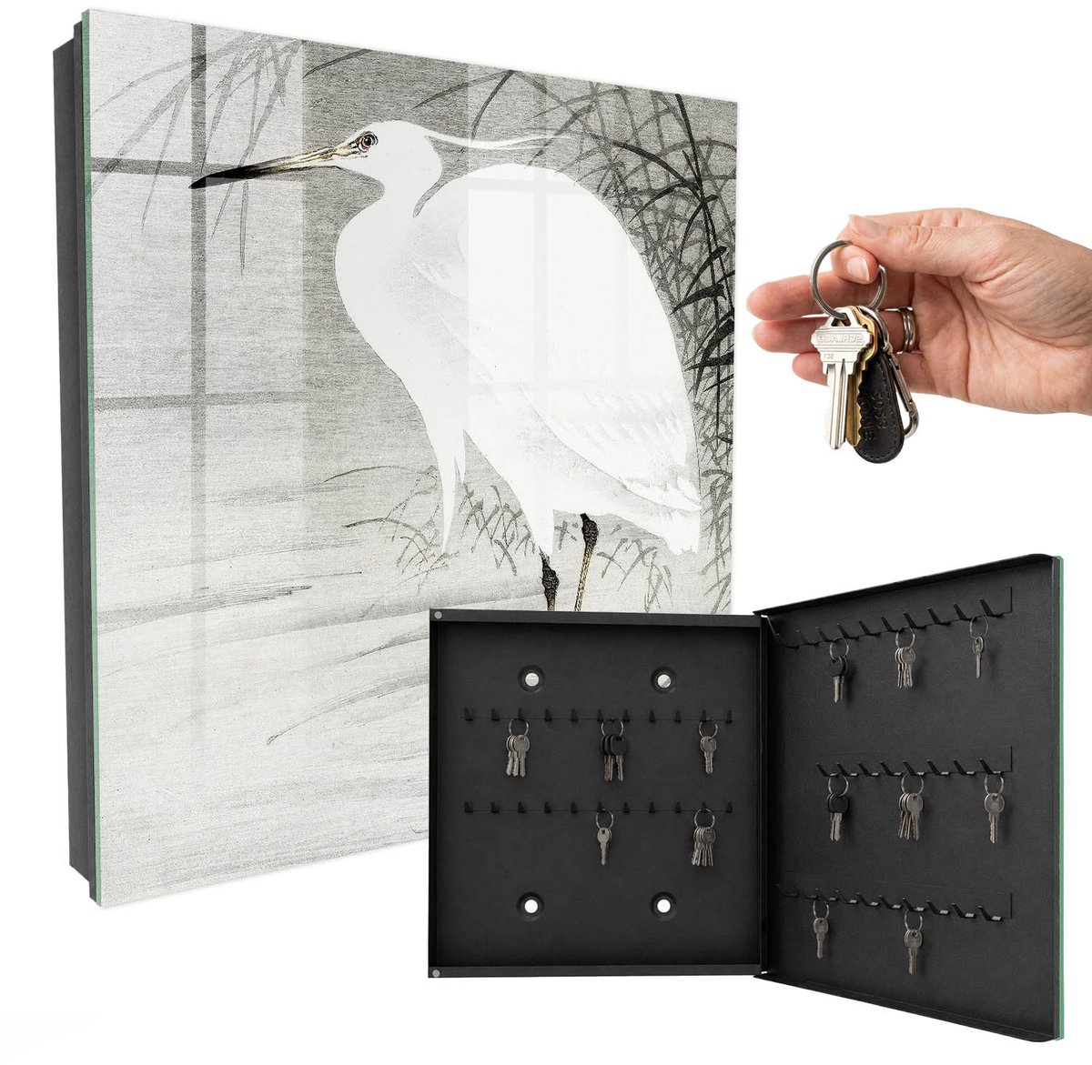 WallMuralia - Sleutelkast - 30x30x5 cm - met 50 haken - Reiger Groot Sleutelkastje - Wit Sleutelbox - Rechtsopenend - Zwart interieur