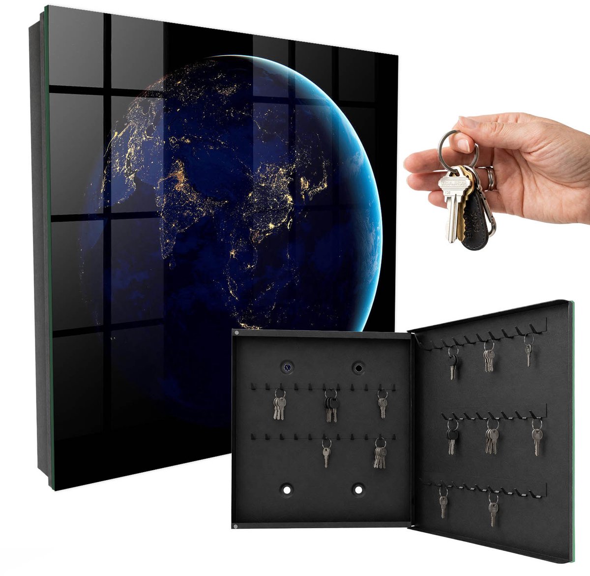 WallMuralia - Sleutelkast - 30x30x5 cm - met 50 haken - Nacht Aarde Sleutelkastje Binnen - Marine Sleutelbox - Rechtsopenend - Zwart interieur