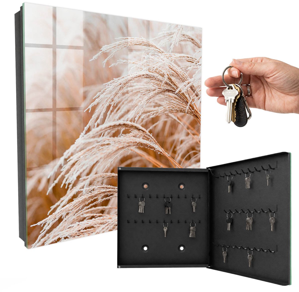 WallMuralia - Sleutelkast - 30x30x5 cm - met 50 haken - Tere Grassen Sleutelkastje Industrieel - Beige Sleutelbox - Rechtsopenend - Zwart interieur