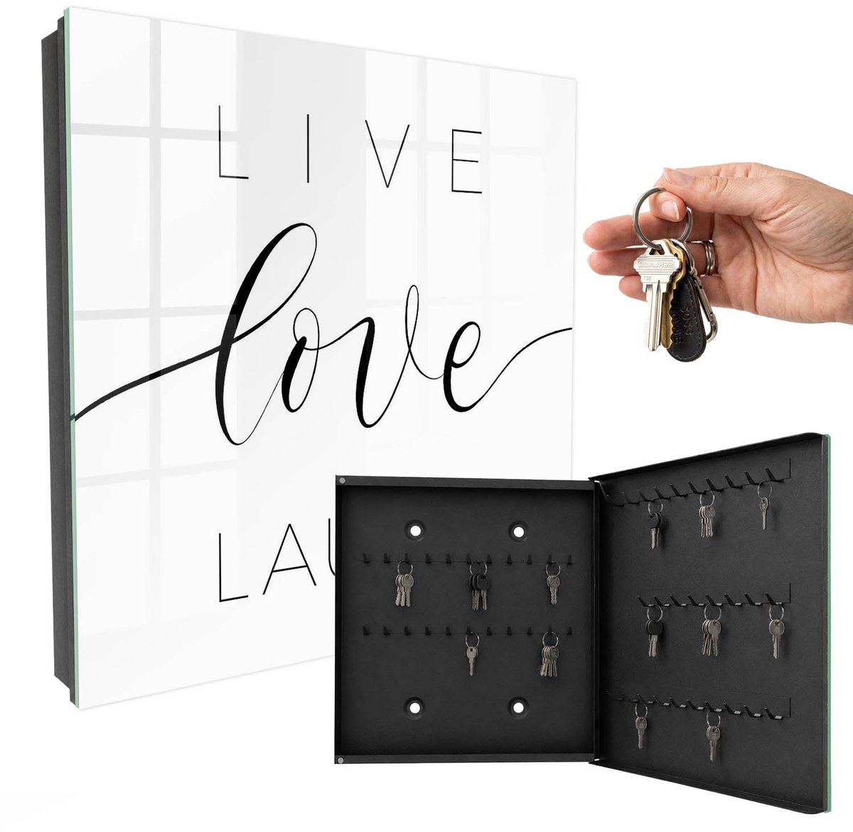 WallMuralia - Sleutelkast - 30x30x5 cm - met 50 haken - Motiverende Citaten Sleutelkastje Gang - Wit Sleutelbox - Rechtsopenend - Zwart interieur