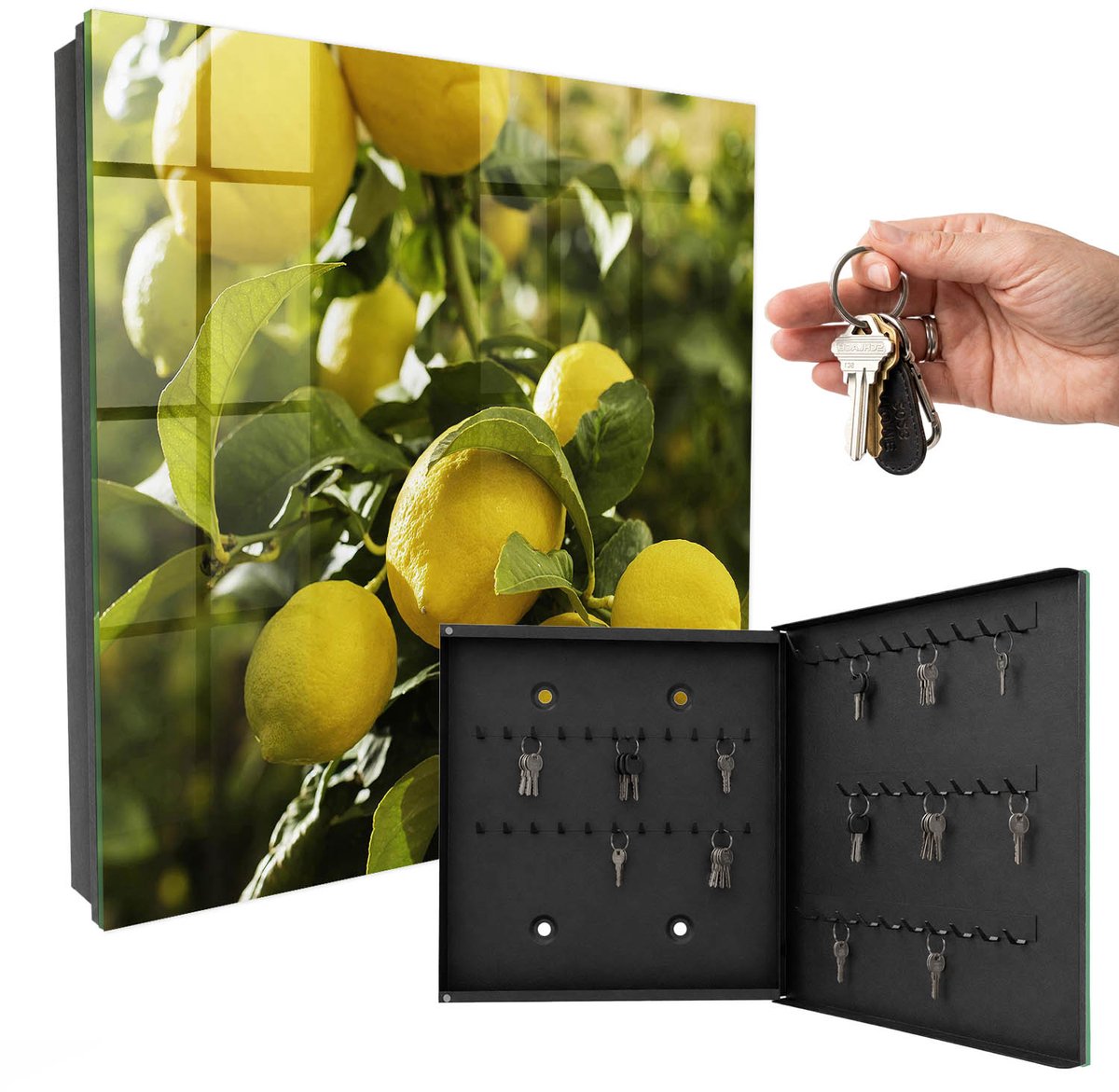 WallMuralia - Sleutelkast - 30x30x5 cm - met 50 haken - Sappige Frisheid Sleutelkastje Landelijk - Geel Sleutelbox - Rechtsopenend - Zwart interieur