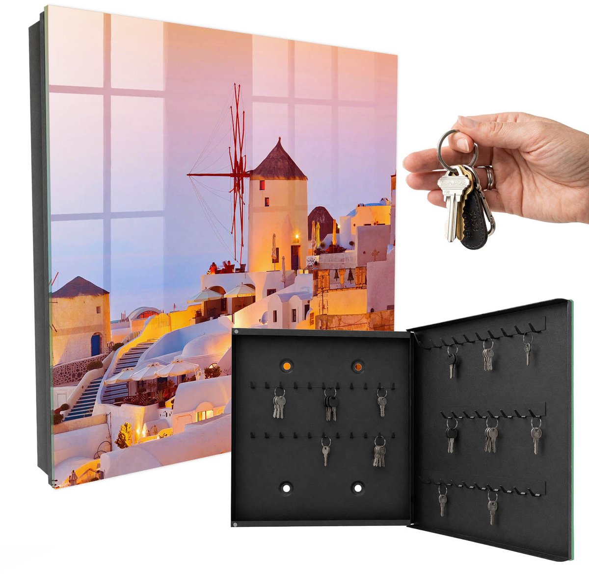 WallMuralia - Sleutelkast - 30x30x5 cm - met 50 haken - Grieks Eiland Sleutelkastje Modern - Wit Sleutelbox - Rechtsopenend - Zwart interieur