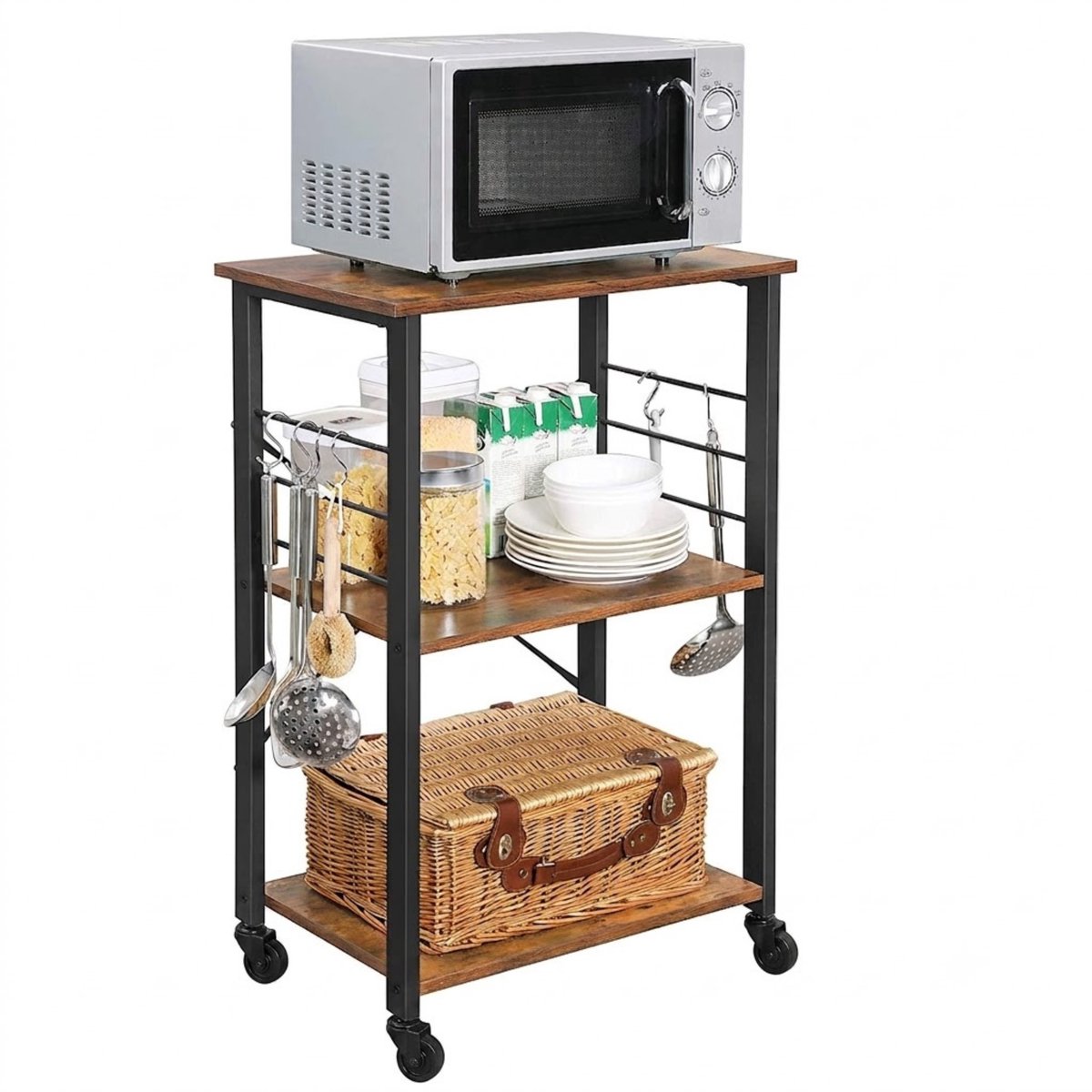 Bol.com ACAZA Keukentrolley - 89 x 60 x 40 cm (H x L x B) - Trolley op Wieltjes - Bruin Vintage - 3 Niveaus - Trolley Keuken - K... aanbieding
