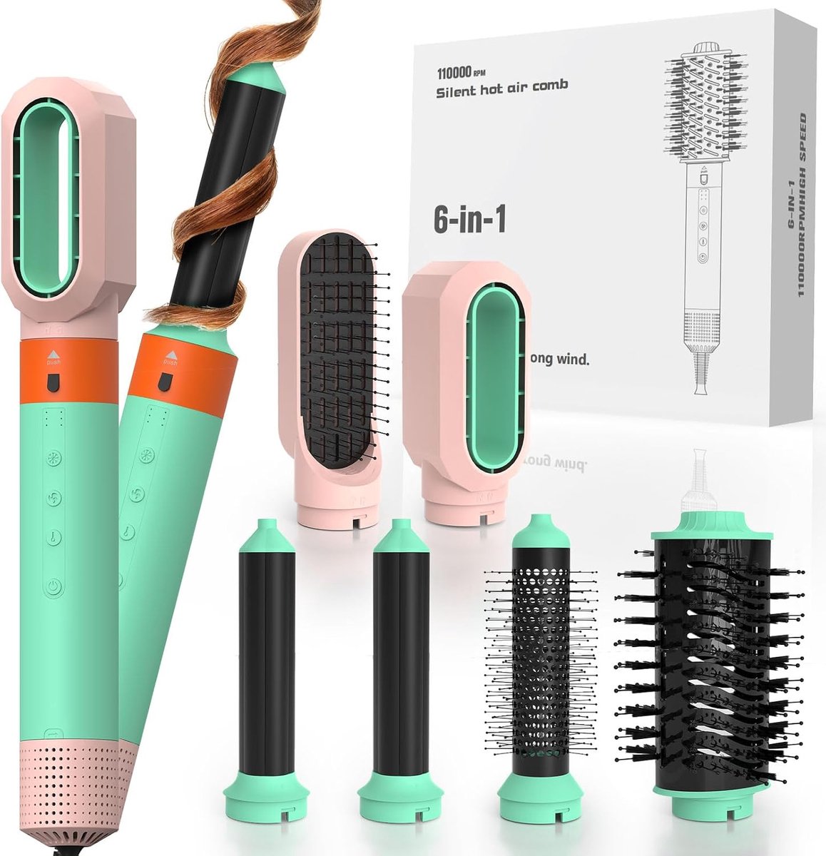 SnelShoppen - JITESY 6-in-1 Kappersset, Negatieve Ionen Heteluchtborstel met Sneldrogend, 110.000 tpm, Stijltang, Hete Luchtborstel en Automatische Kr
