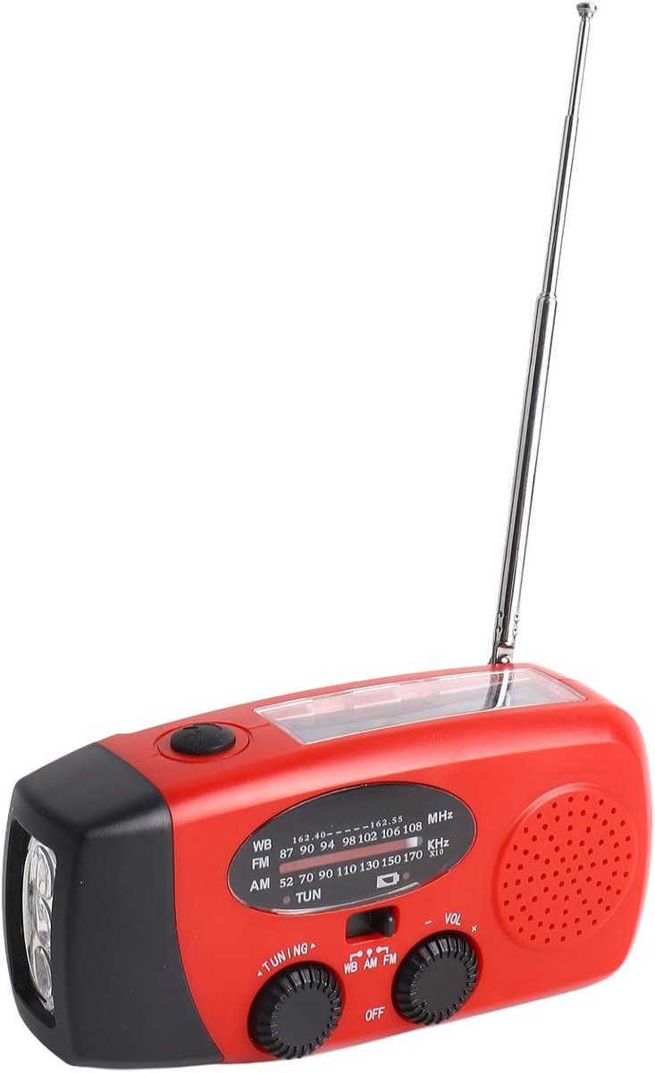 Noodradio - Radio met handslinger - Noodradio - Powerbank - Lichtgewicht en draagbaar - Zaklamp - Multifunctioneel - Kunststof - Geschikt voor kamperen in de buitenlucht - Rood - 1 stuk