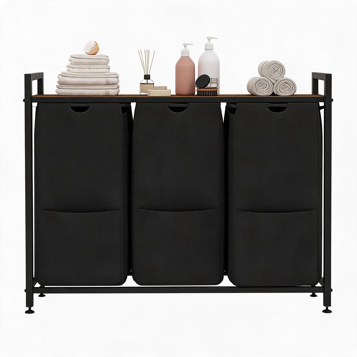 HOERFURIY Wasmand - 92,5x33x72cm - 3 lades - Metaal frame - Zwarte opberger voor badkamer en wasruimte