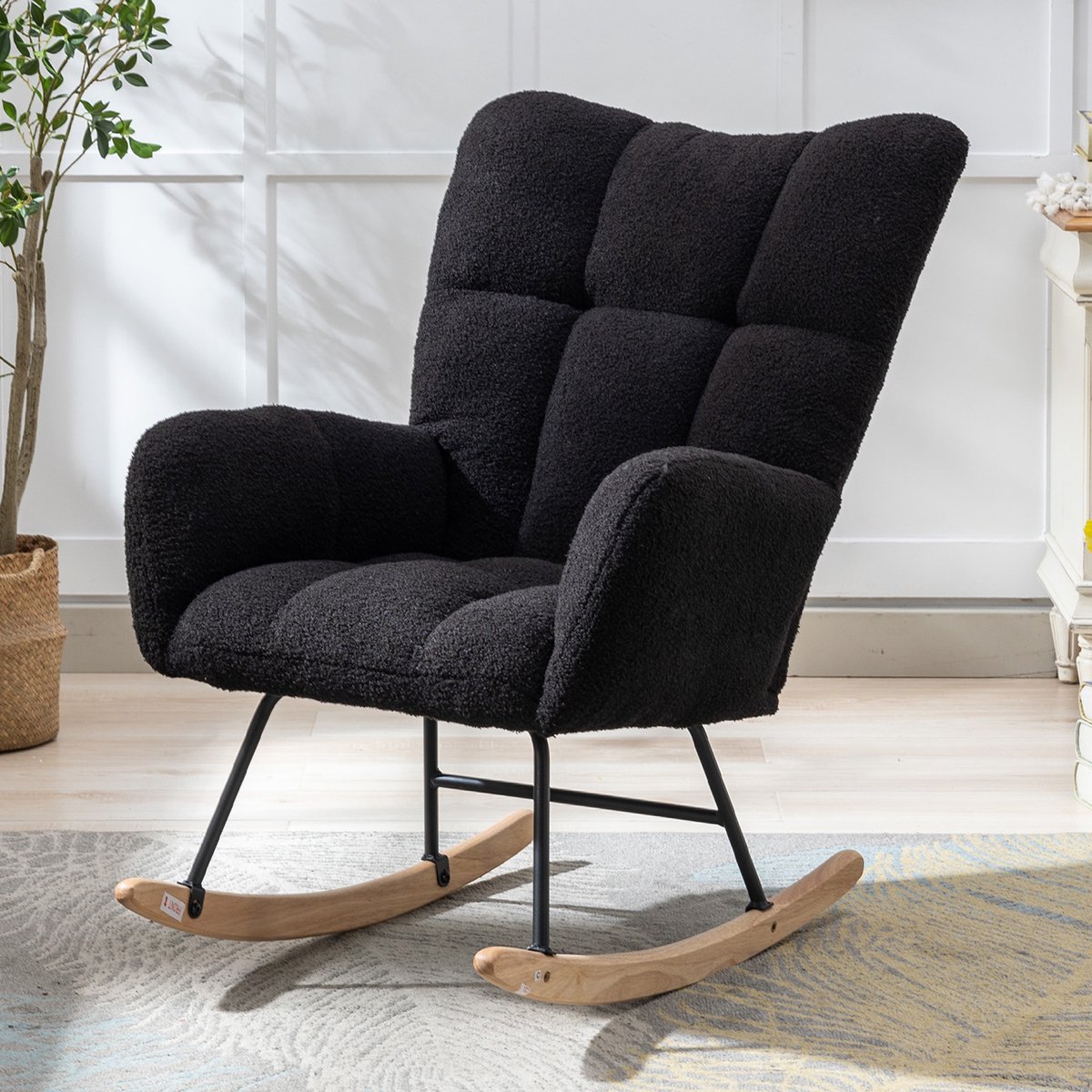 Teddy Schommelstoel - Relaxstoel - Ergonomisch Hoge Rugleuning - Comfortabele Armleuningen - Zachte Vulling - Eenpersoons Fauteuil voor Woonkamer Slaapkamer Babykamer-Zwart