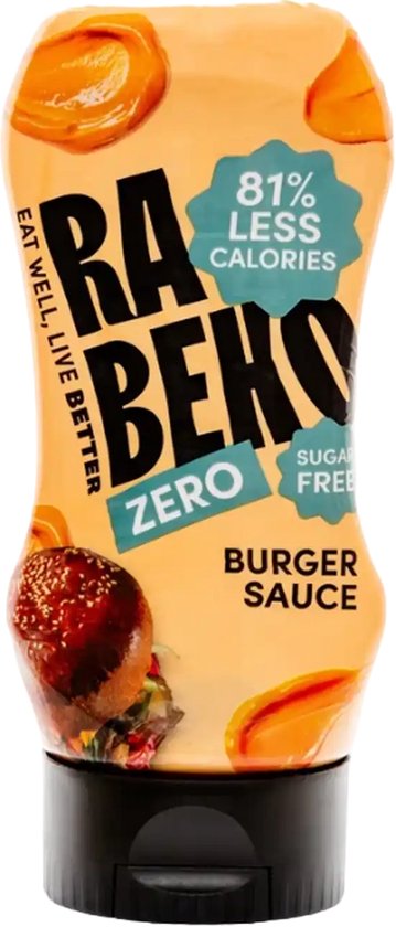 Rabeko Zero Burger Saus: 81% minder calorieën, suikervrij. Met afbeeldingen van burgers en oranje saus.