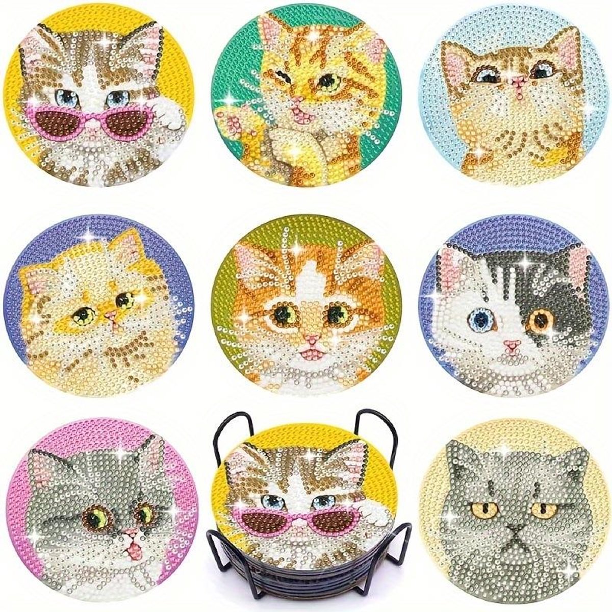 YYchan DIY Diamond Painting Onderzetters Set - 8 Stuks met Houder - Handgemaakt & Hittebestendig - Pakket Volwassenen en Kinderen - Brilkatje