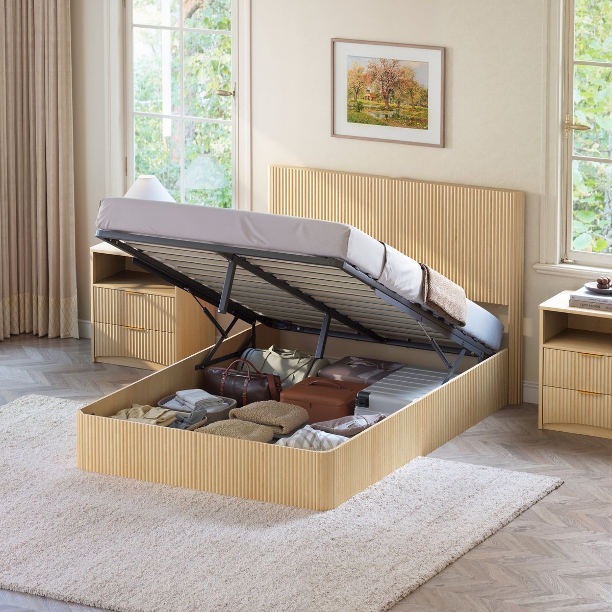 REDOM - Bed met opbergruimte - Hydraulisch lift-systeem - Rillen hoofdbord - Moderne stijl - Slaapkamer - MDF, metaal en hout - Licht eiken - 140 x 200 cm