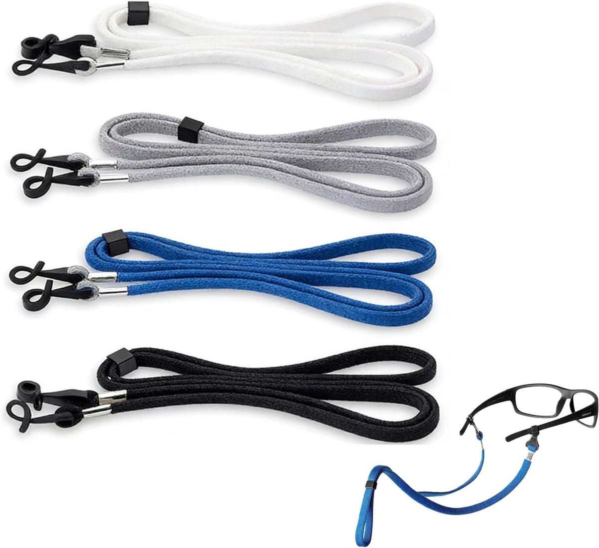 Verstelbare brillenkoordenset van 4 stuks, antislip, polyester, geschikt voor mannen, vrouwen en kinderen, voor zonnebrillen en sportbrillen, zwart, wit, blauw, lichtgrijs