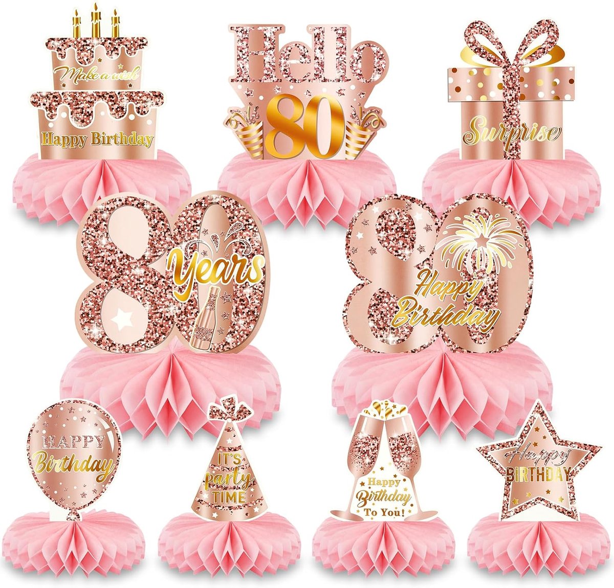 80e verjaardag tafeldecoratie, 9 stuks roségoud roze bijenkorf middelstuk tafeldecoratie verjaardag, tafeldecoratie papier verjaardagsfeest accessoires, tafeldecoratie voor 80-jarigen, cadeaus