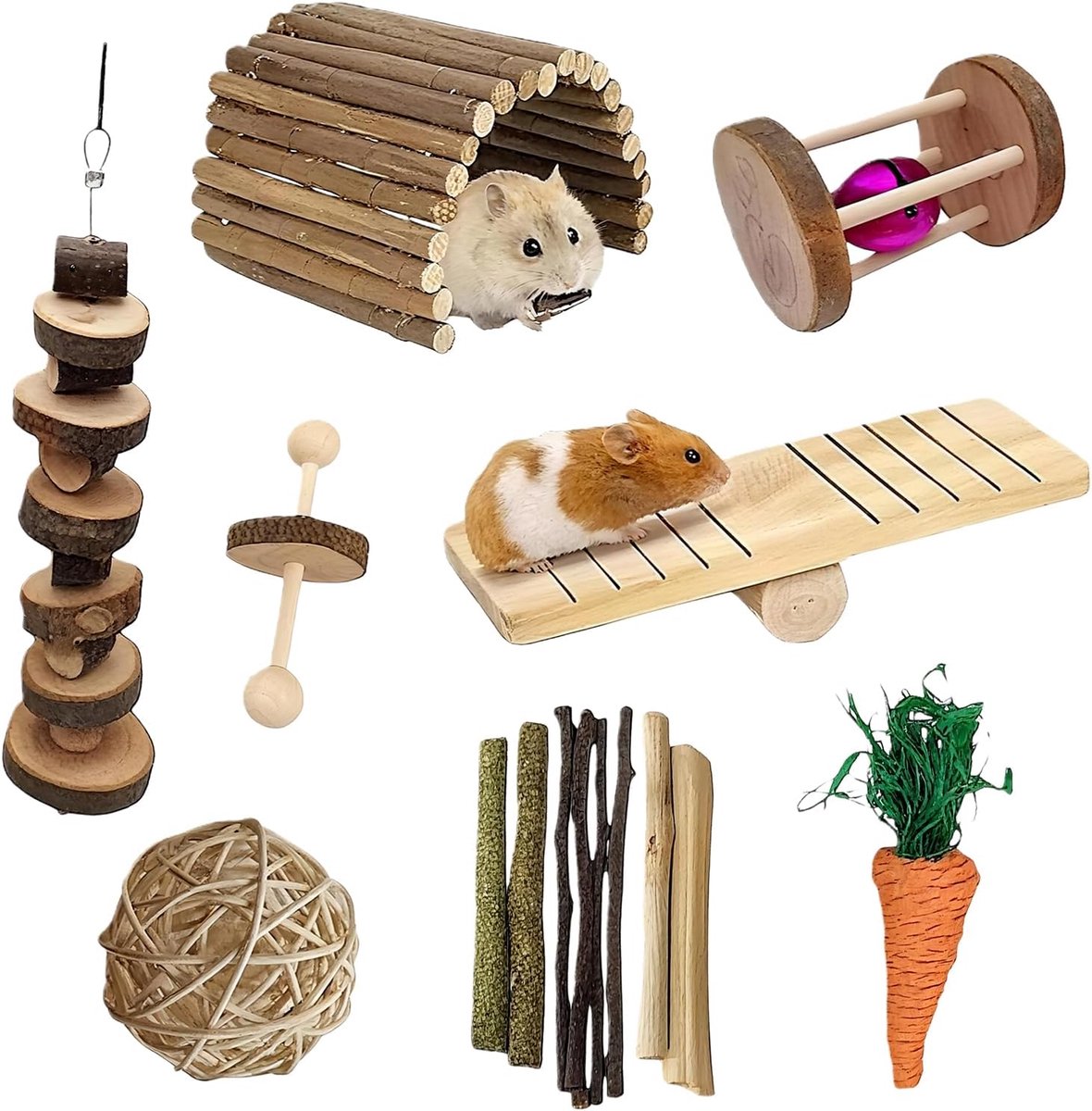 Speelgoedset voor konijnen, hamsters, natuurlijk hout, konijnenspeelgoed met appelstokjes Timothy hooisticks, baktandspeelgoed, kleine dieren, tandverzorging voor hamsters, cavia's