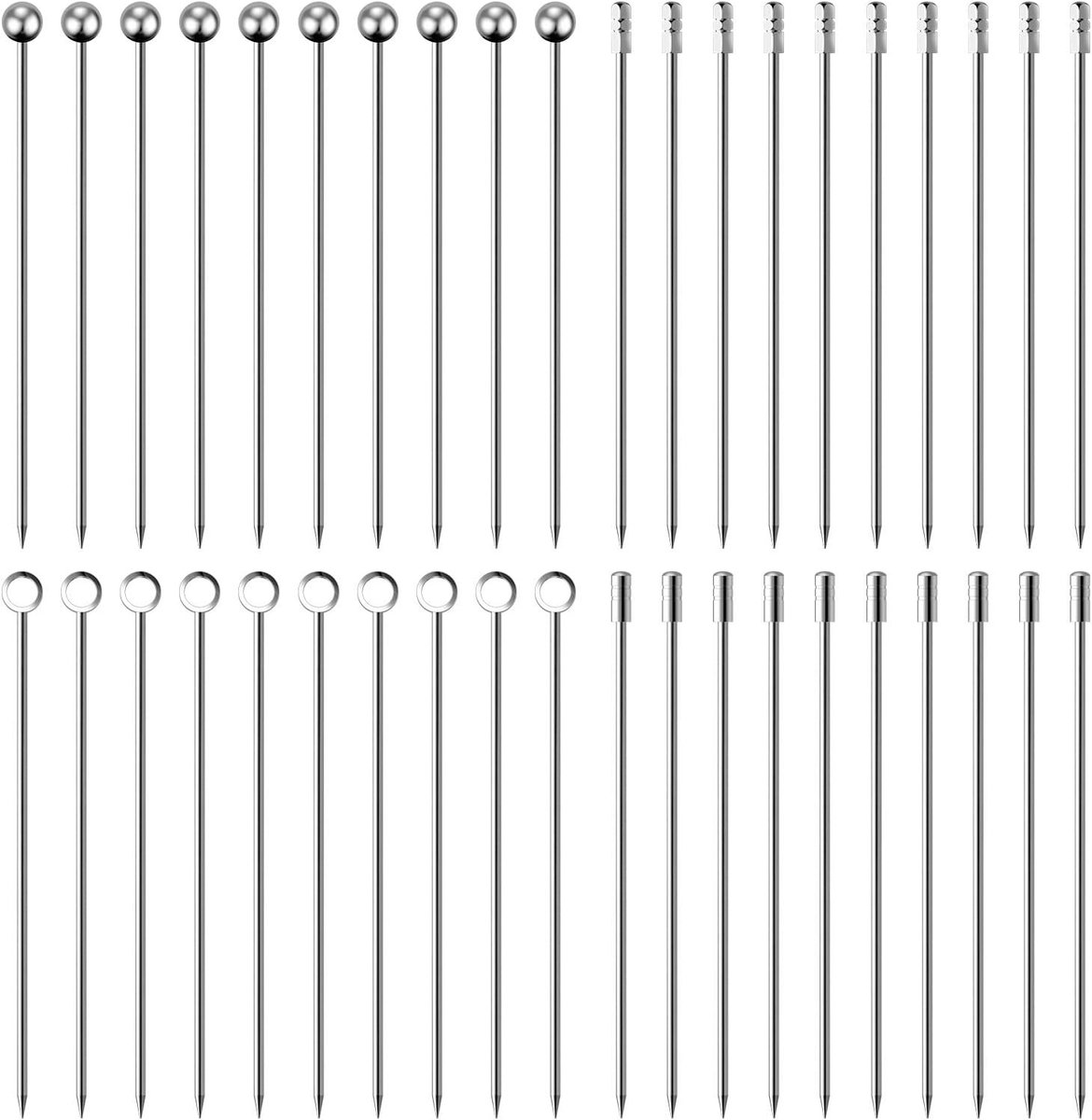 40 stuks cocktailplectrums, roestvrijstalen martini-plectrums, herbruikbare metalen cocktailspiesjes olijven voorgerechten Bloody Mary Brandied